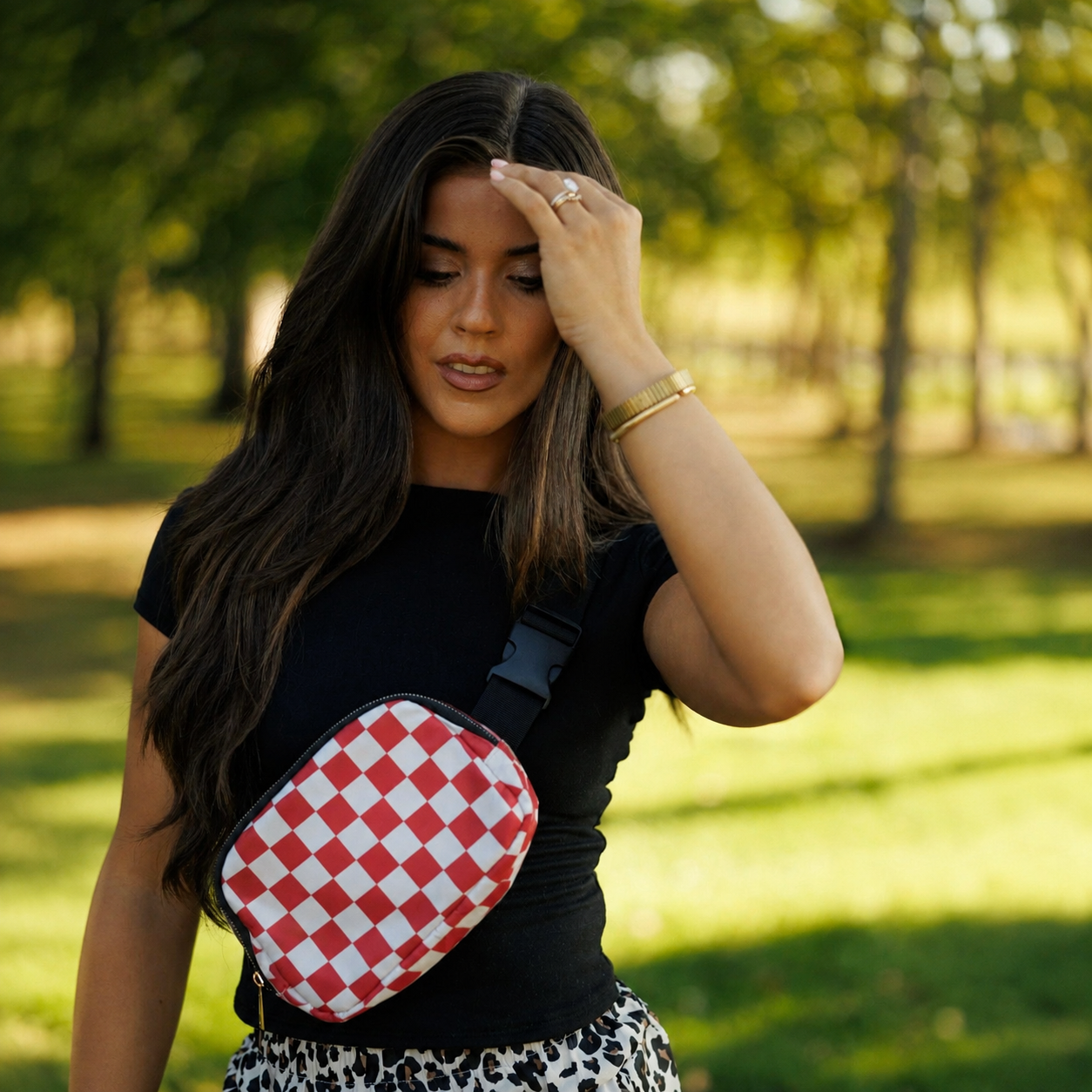 Red and White Checkerboard Crossbody Bag
