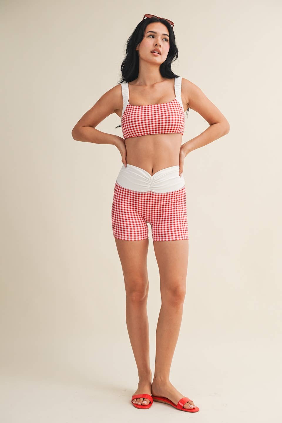 Gingham Print Scrunched Strap Sports Bra & Biker Short Set