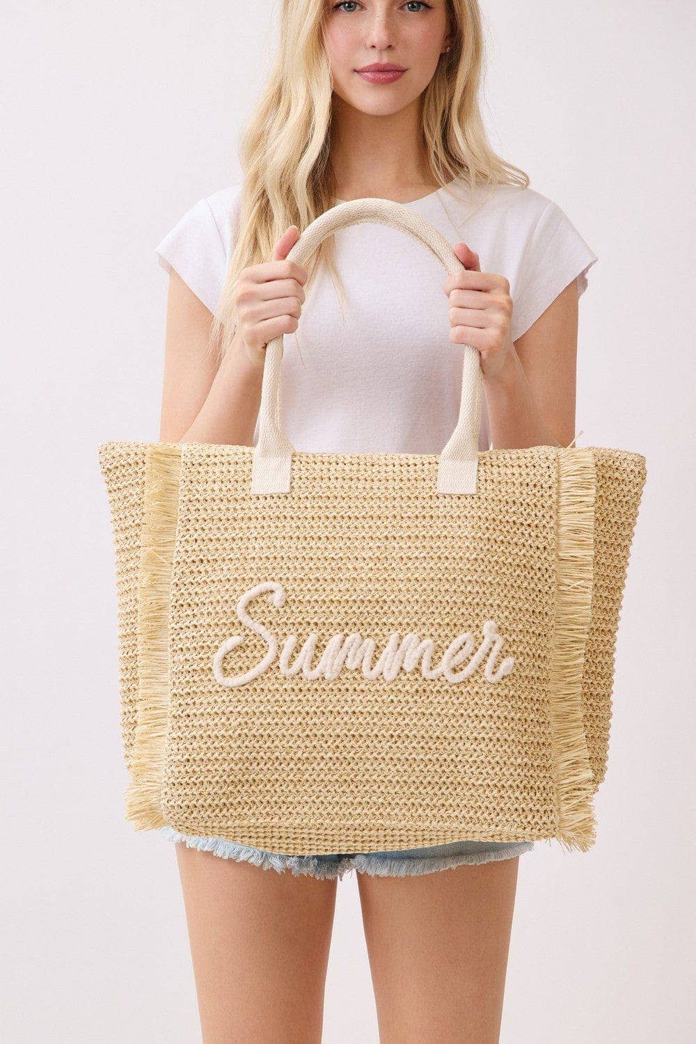 Straw Fringe Summer Beach Tote Bag: Beige