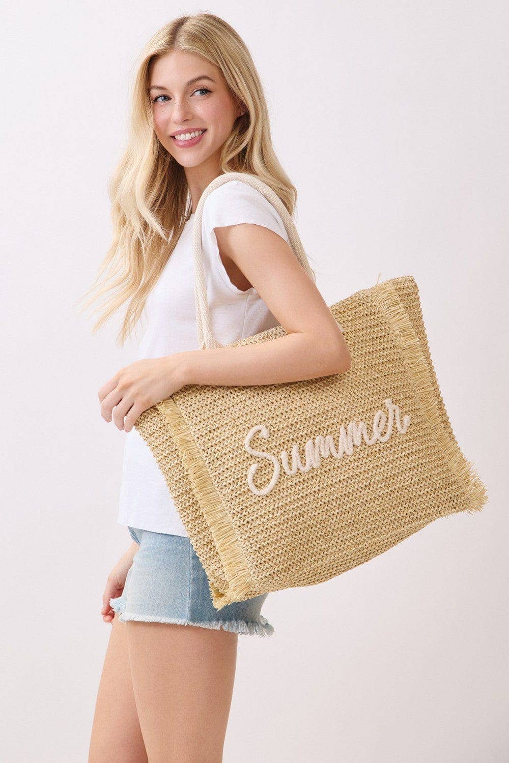 Straw Fringe Summer Beach Tote Bag: Pink