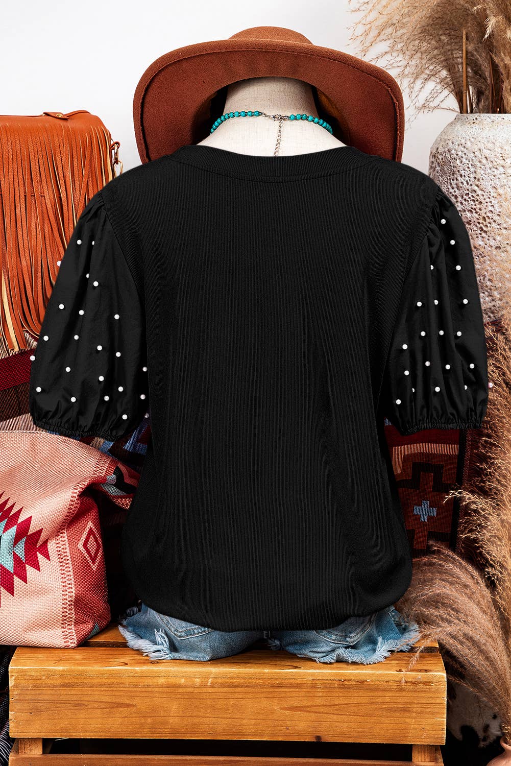 Pearl Beaded Puff Sleeve Top