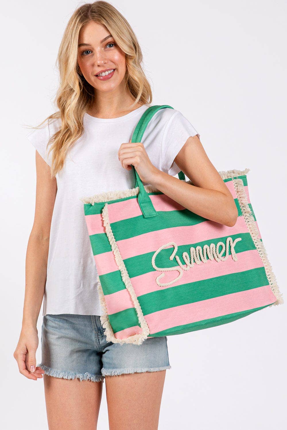 Sewn Tope Summer Letter Fringe Striped Tote Bag: Pink Green