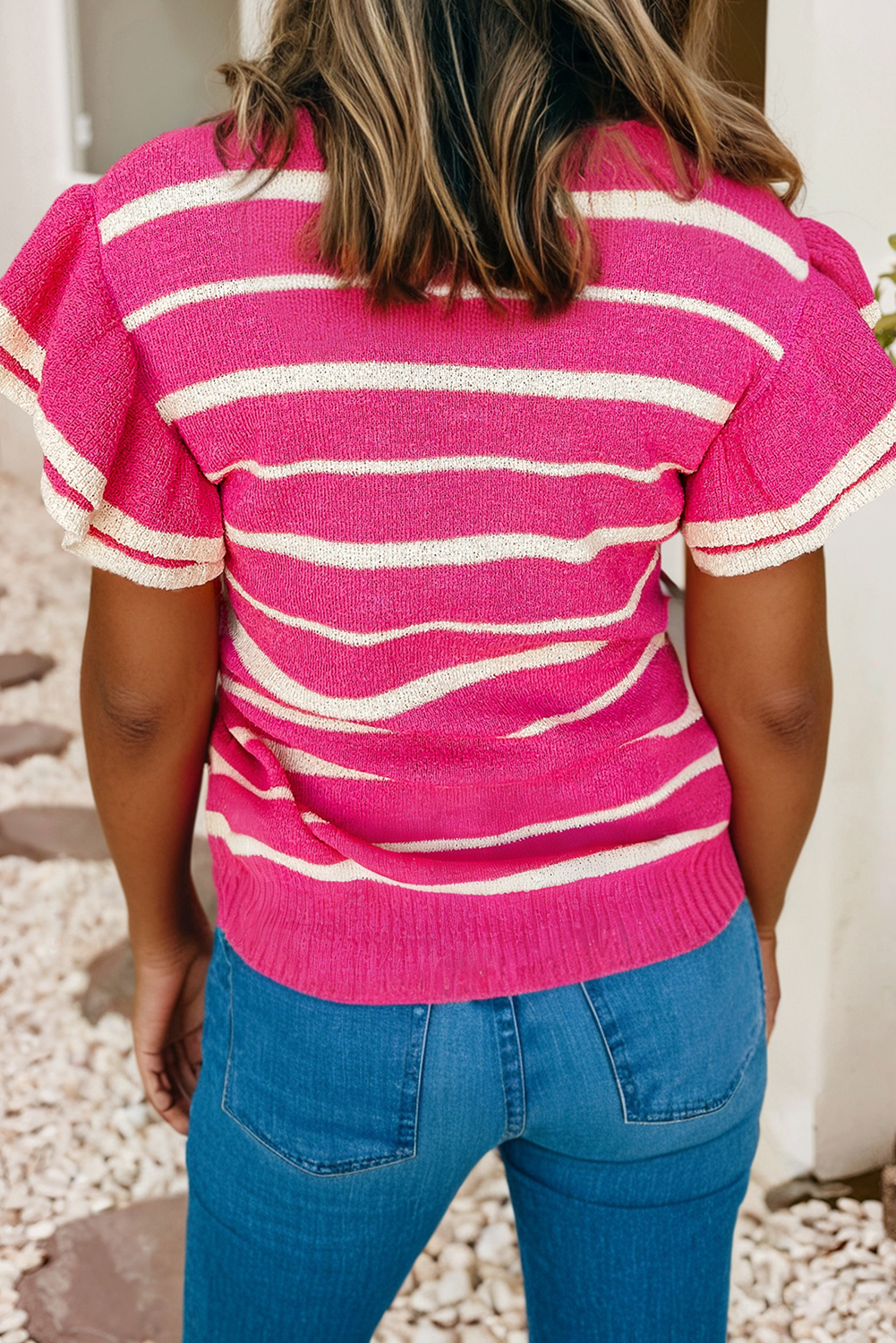 Double Ruffle Stripe Lightweight Knit Sweater