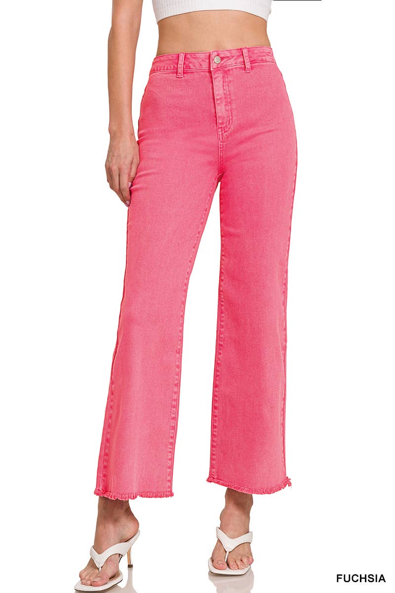 Acid Washed Frayed Cutoff Hem Straight Wide Pants