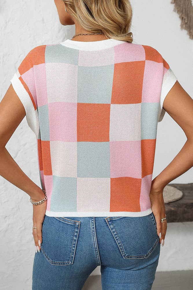 Cropped Color Block Crewneck Knit Checkerboard Sweater MD167