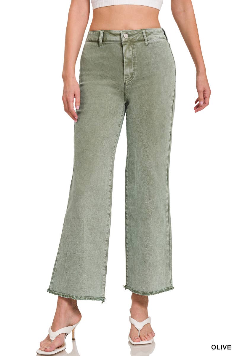 Acid Washed Frayed Cutoff Hem Straight Wide Pants