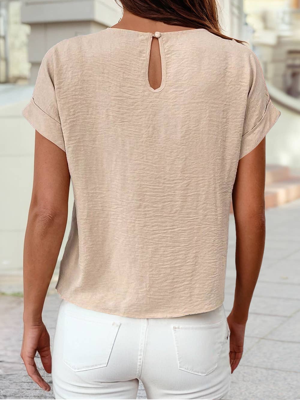 Solid Color Knotted Hem Short Sleeve Blouse