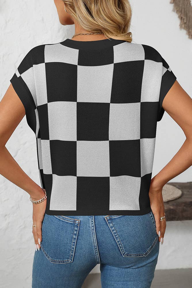 Cropped Color Block Crewneck Knit Checkerboard Sweater MD167