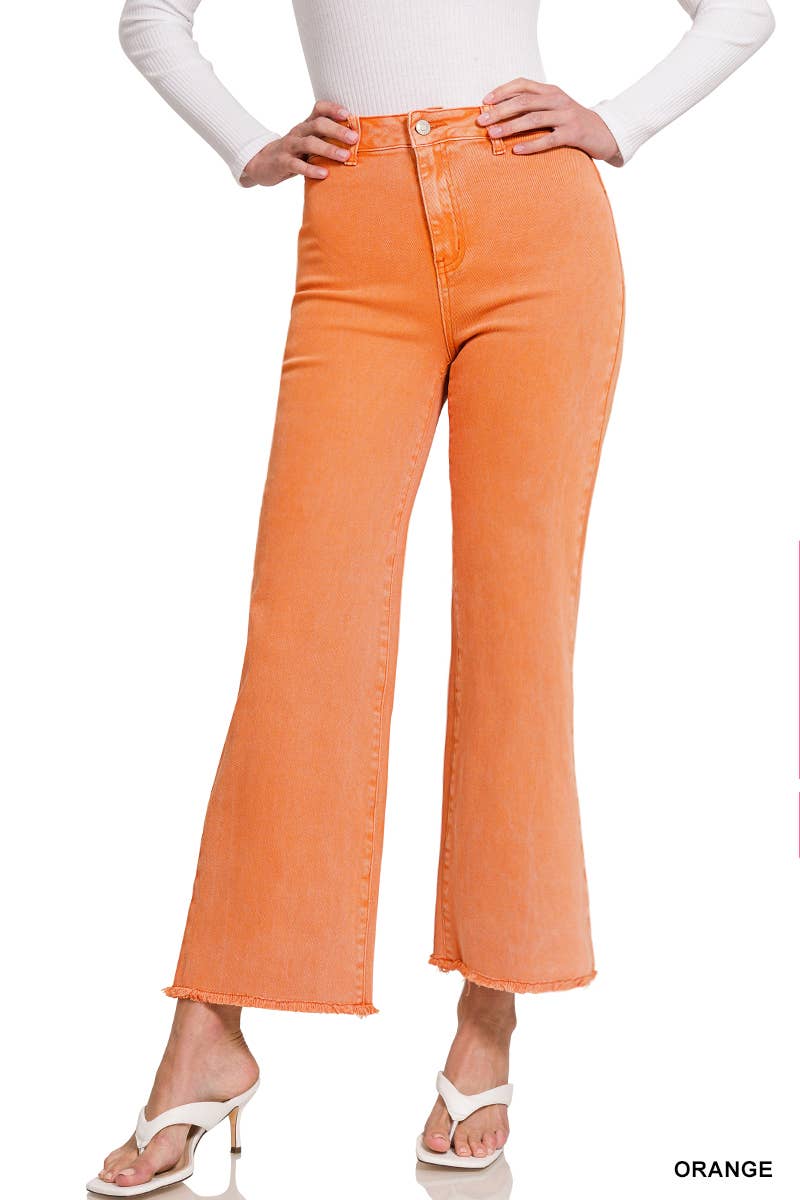 Acid Washed Frayed Cutoff Hem Straight Wide Pants