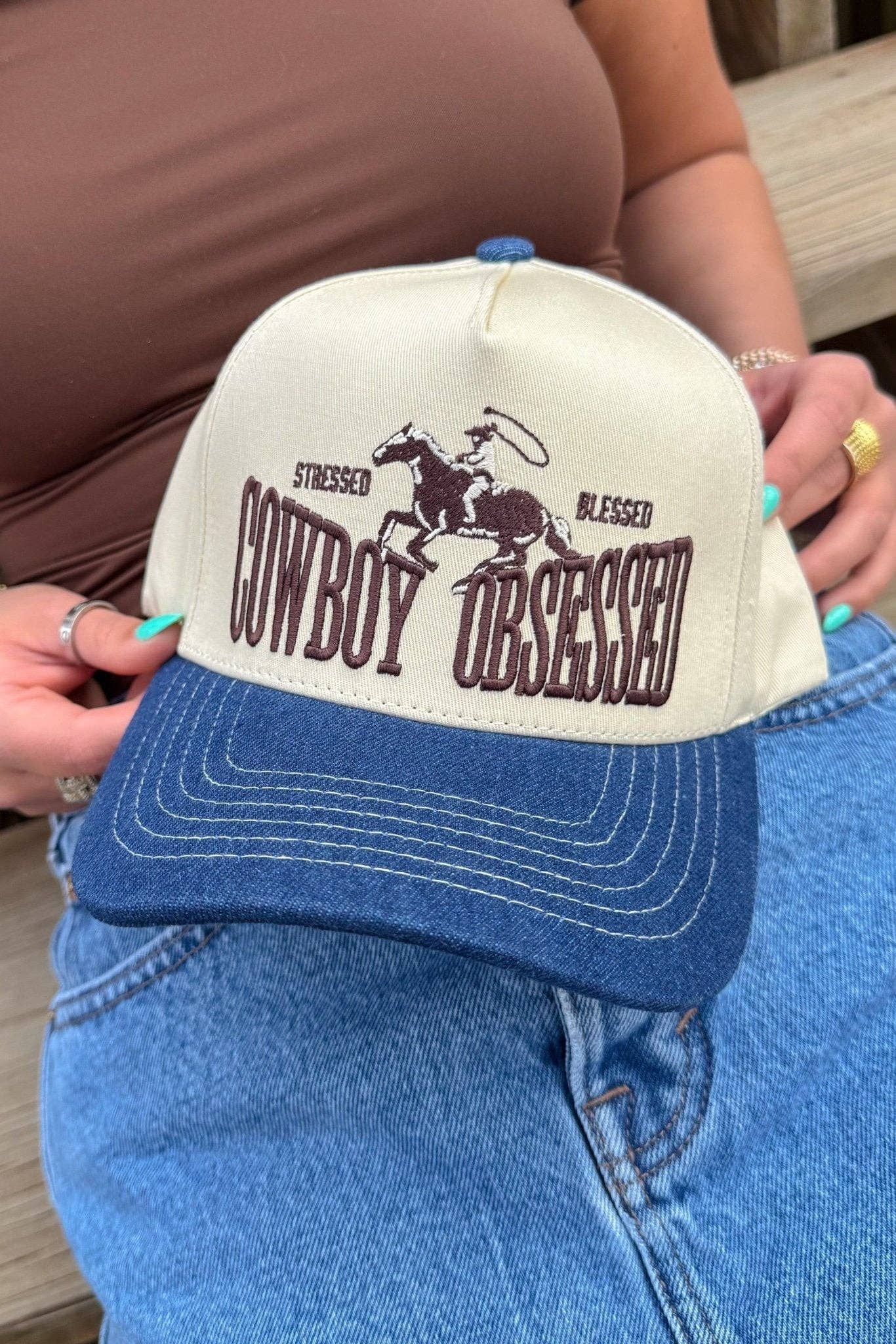 Cowboy Obsessed Embroidered Trucker Hat: Denim