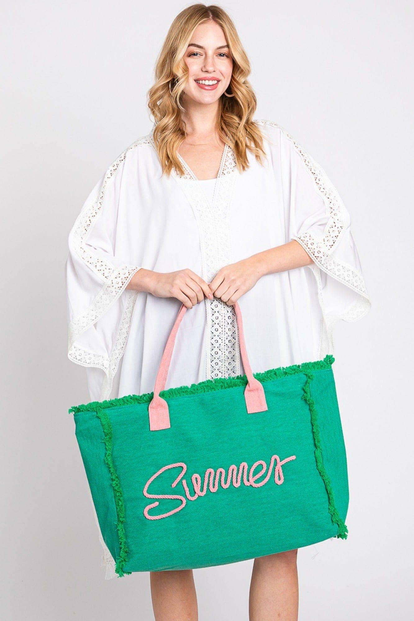 Sewn Rope Summer Letter Fringe Tote Bag: Orange