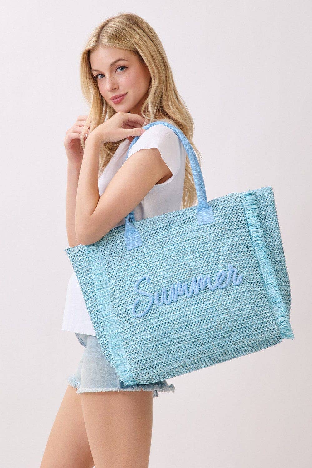 Straw Fringe Summer Beach Tote Bag: Pink
