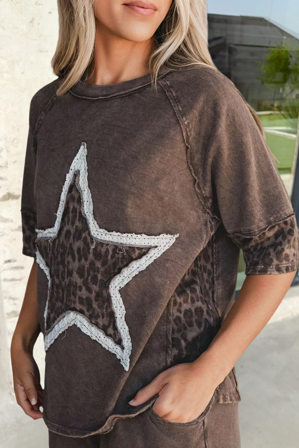Mineral Wash Leopard Star Patched T Shirt