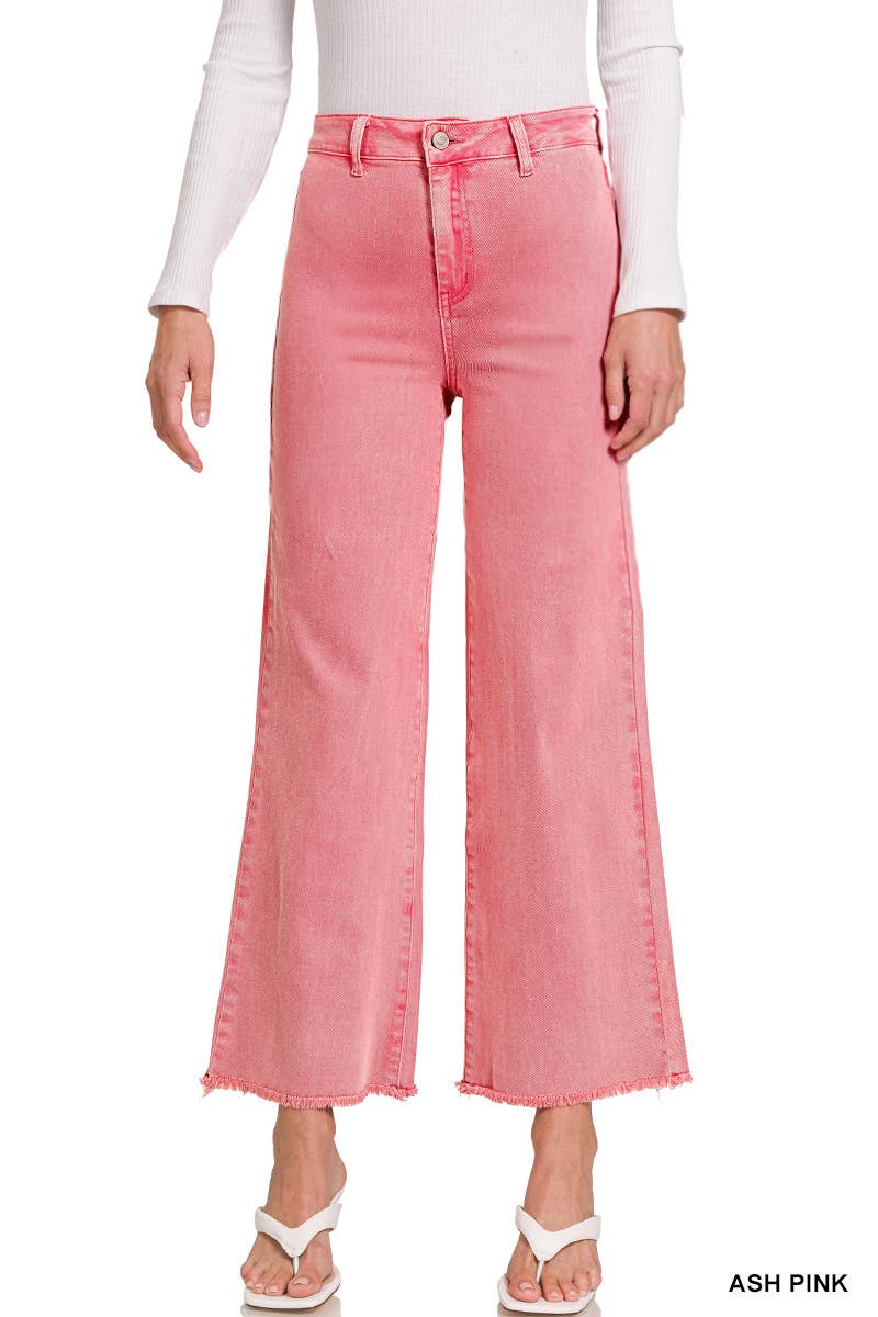 Acid Washed Frayed Cutoff Hem Straight Wide Pants