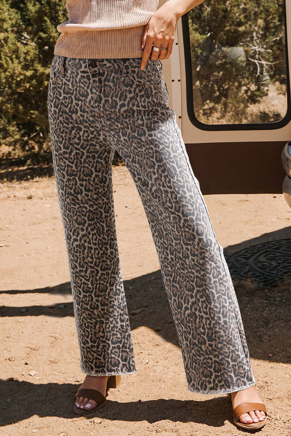 Leopard Frayed Edge Wide Leg High Waist Jeans