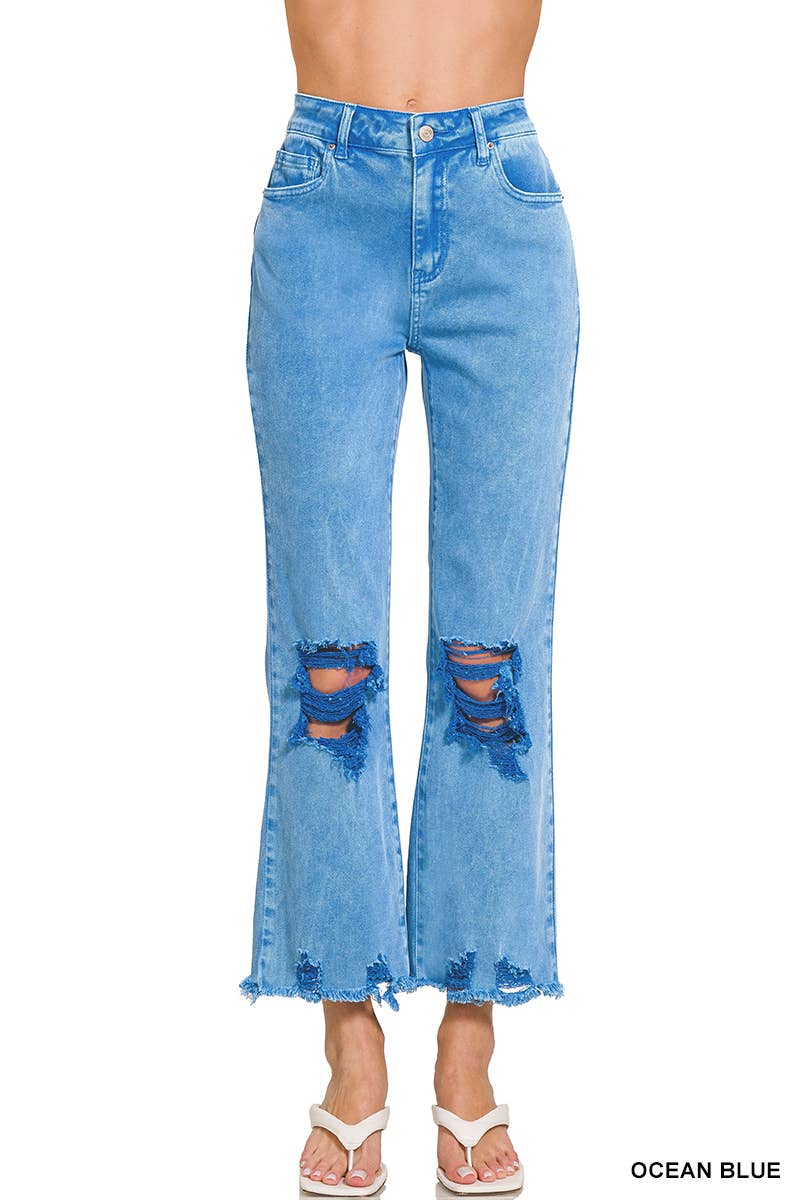 ACID WASHED HIGH WAIST DISTRESSED PANTS