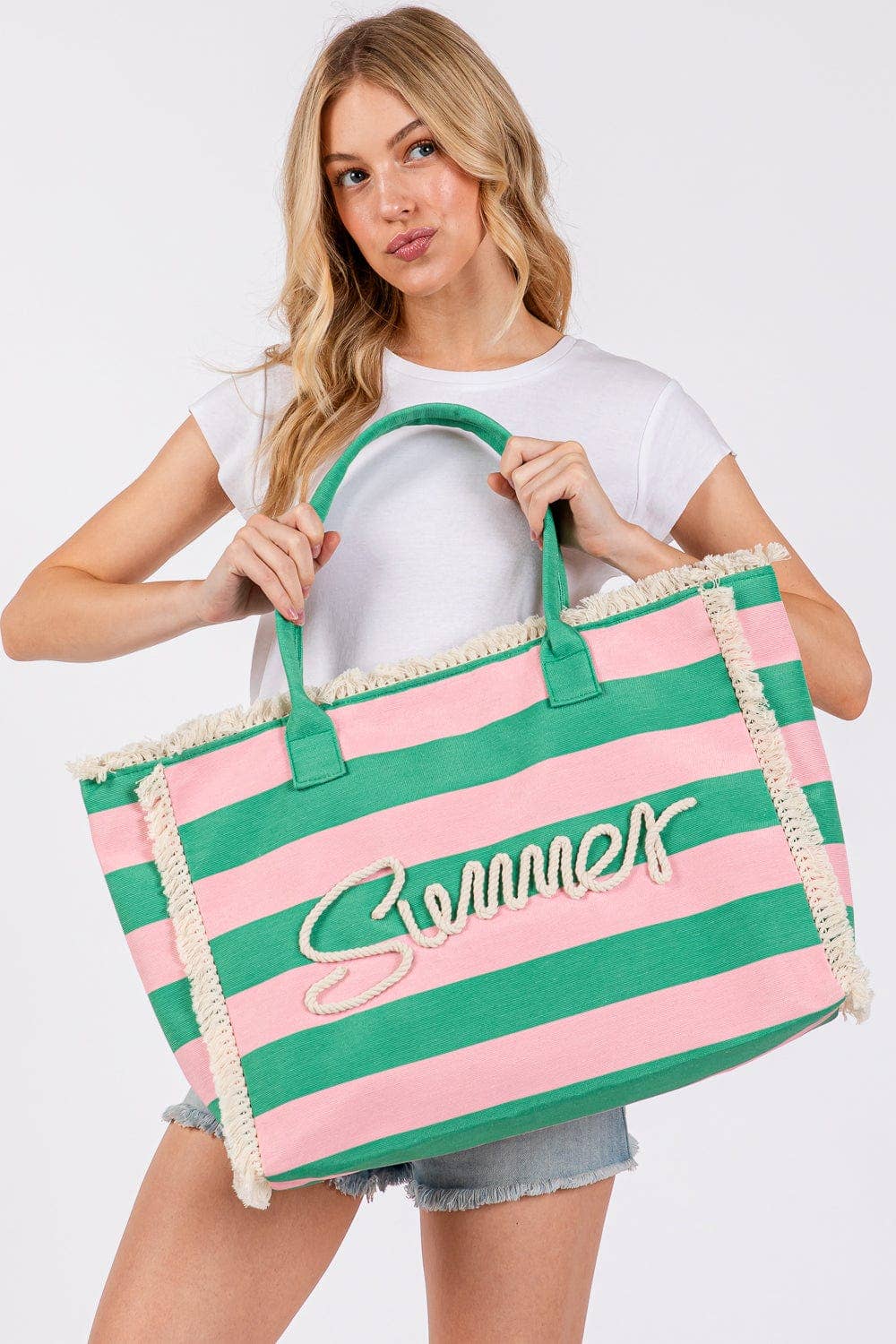Sewn Tope Summer Letter Fringe Striped Tote Bag: Pink Green
