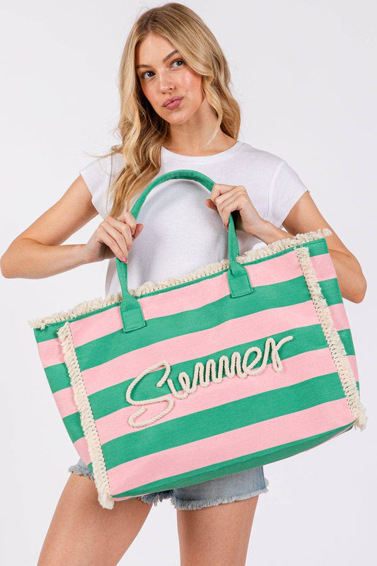Sewn Tope Summer Letter Fringe Striped Tote Bag: Pink Green