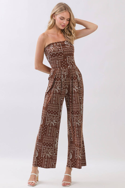 PRINTED PALAZZO STRAPLESS JUMPSUIT