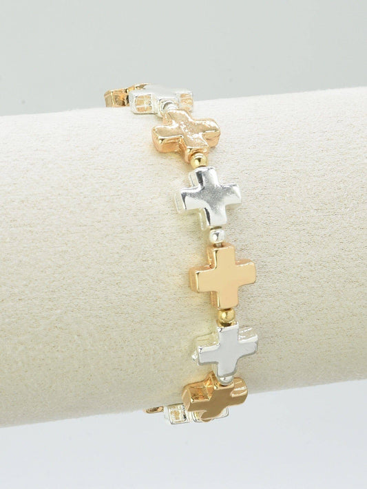 CB2283 Cross Stretch Bracelet: Gold Silver