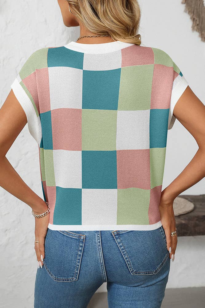 Cropped Color Block Crewneck Knit Checkerboard Sweater MD167