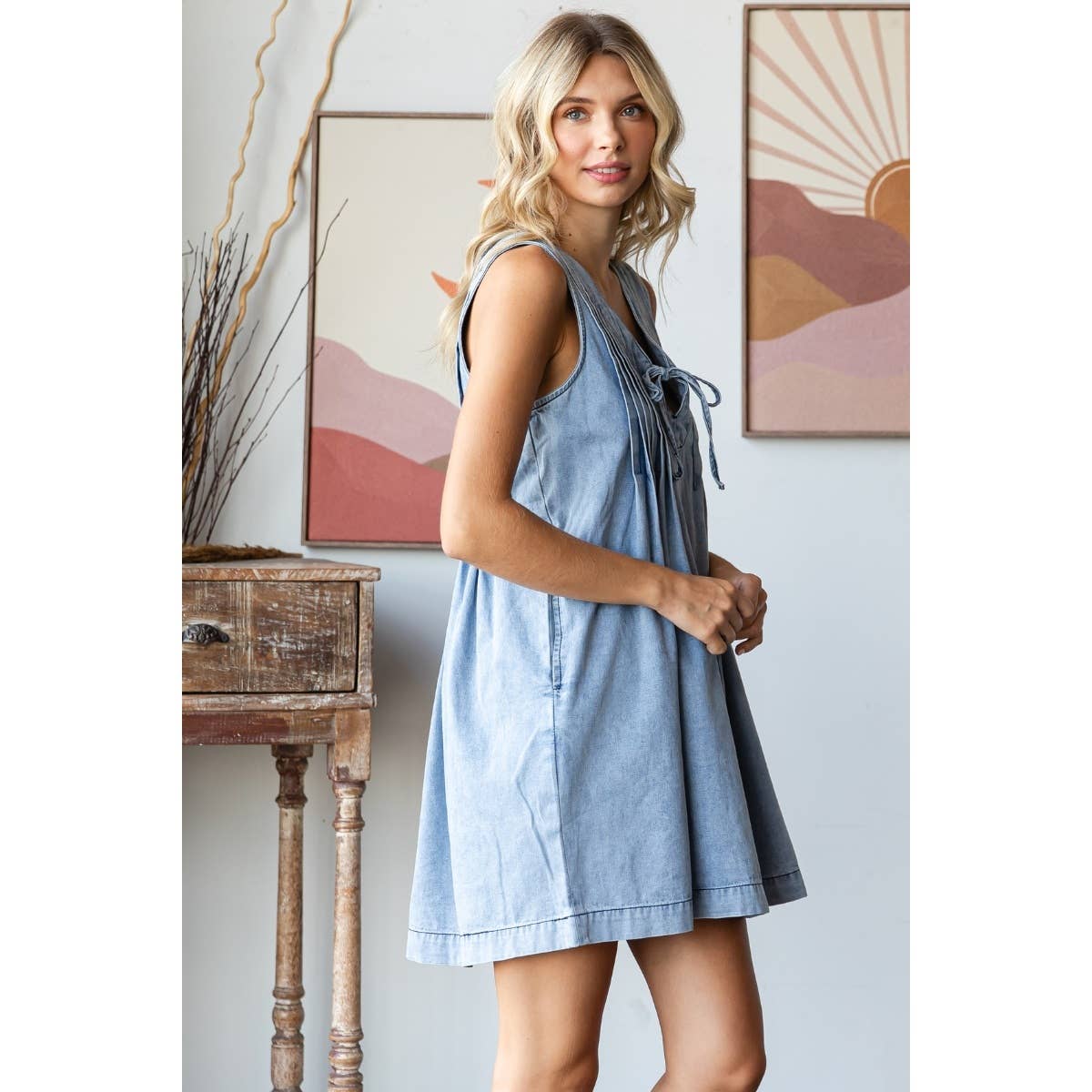V-neck Puff Sleeve Denim Short Dress