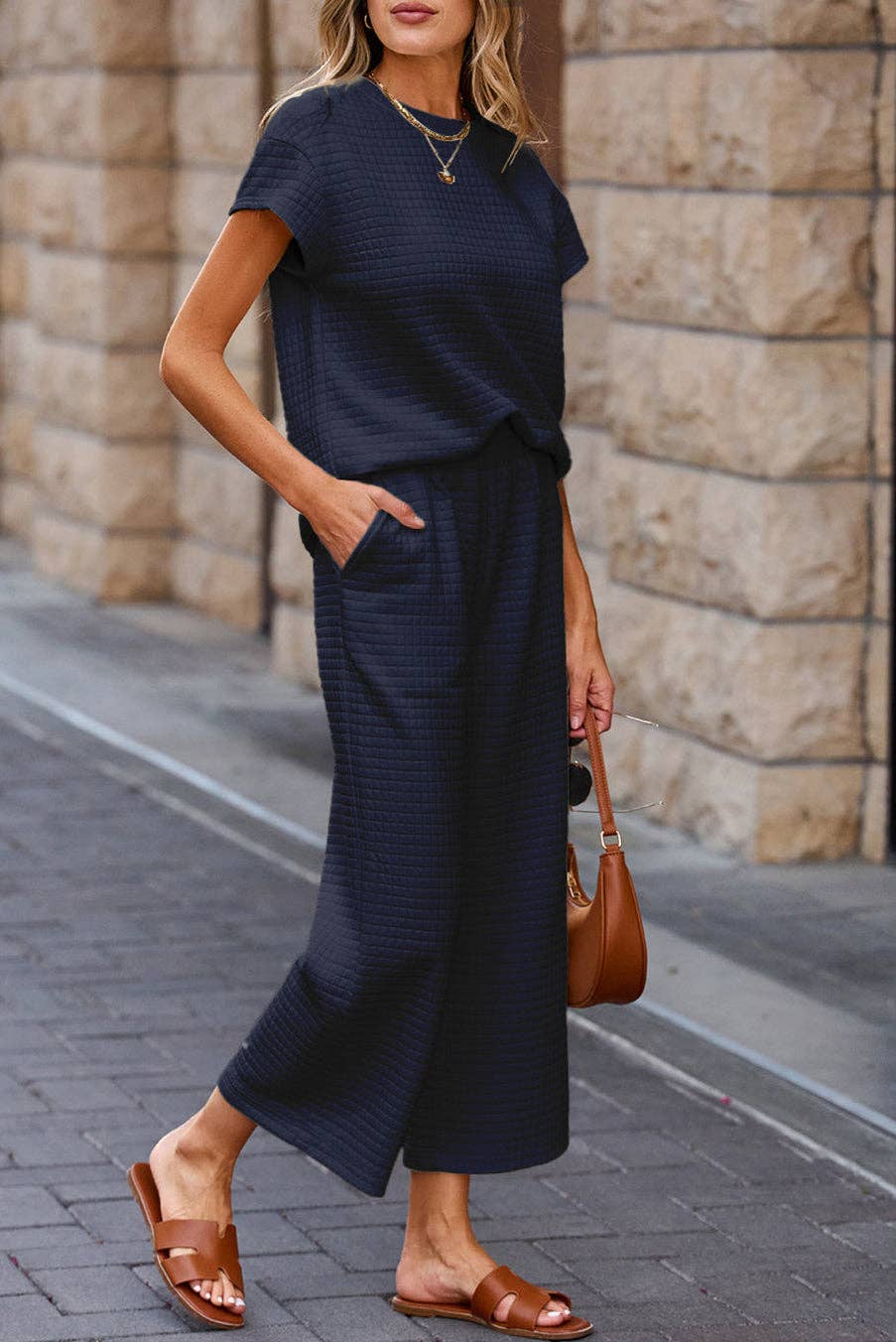 Solid Textured Top and Pants Set