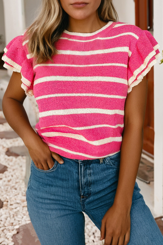Double Ruffle Stripe Lightweight Knit Sweater