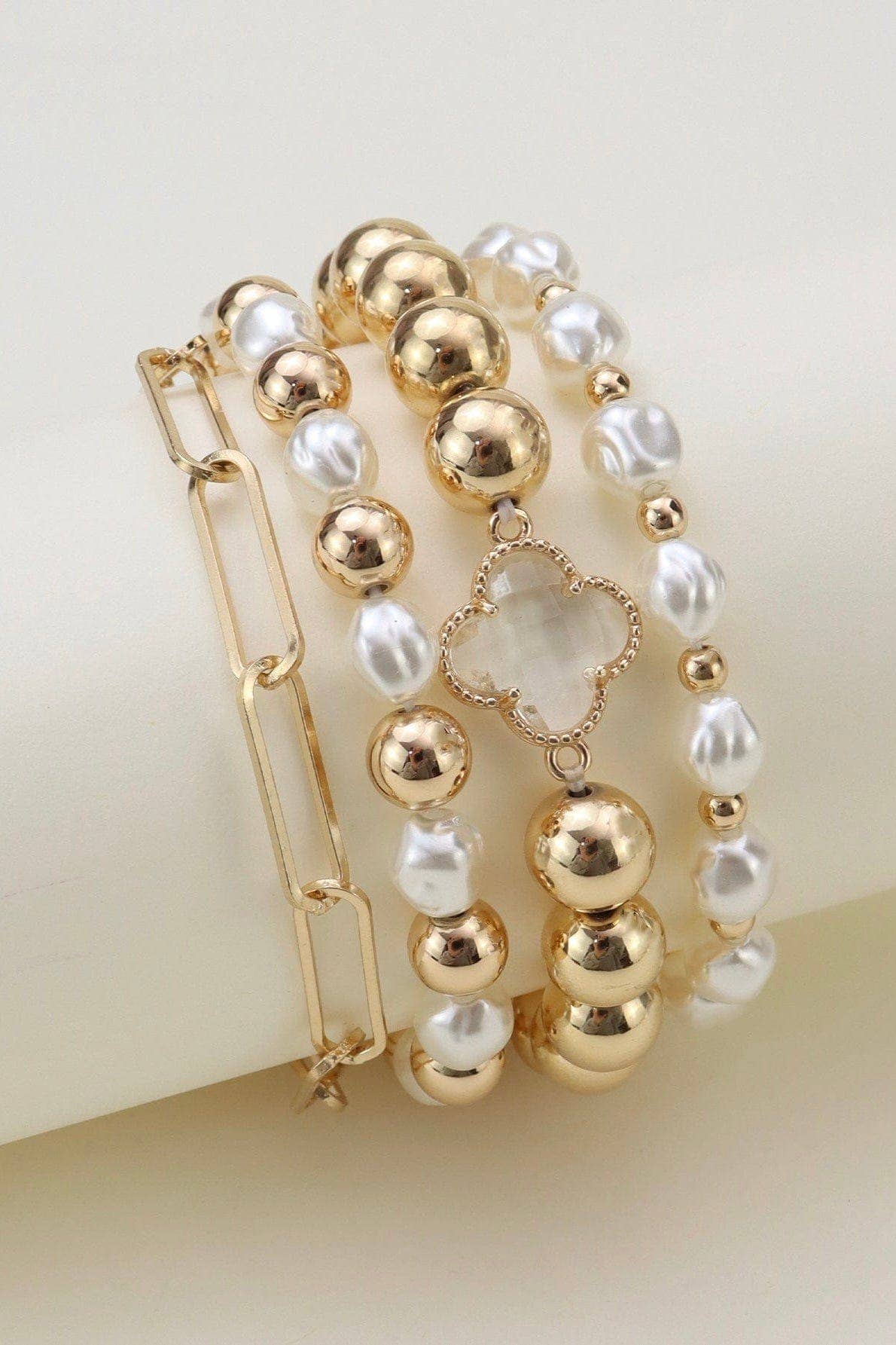 CB2170 Shiny Multi Clover Beaded and Chain Bracelet Set: Gold Cream
