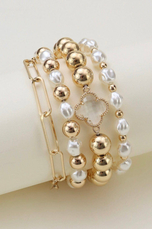 CB2170 Shiny Multi Clover Beaded and Chain Bracelet Set: Gold Cream