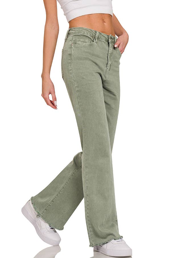 Acid Wash Frayed Hem Color Denim Jeans