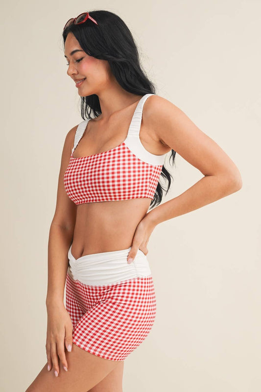 Gingham Print Scrunched Strap Sports Bra & Biker Short Set