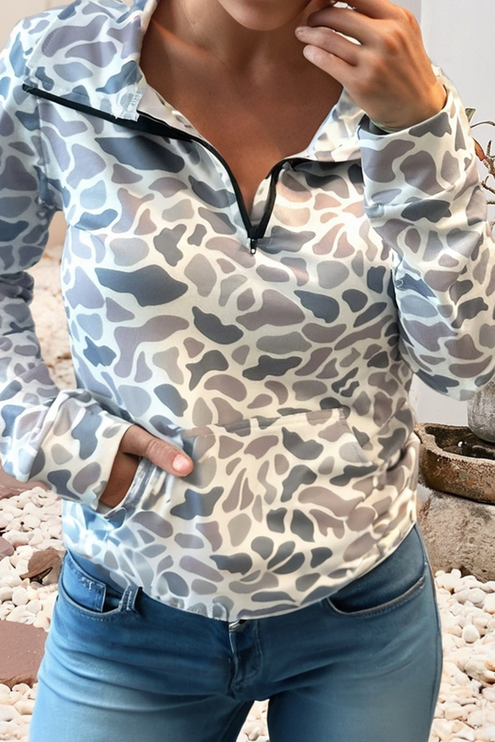 V Neck Shift Camo Pullover