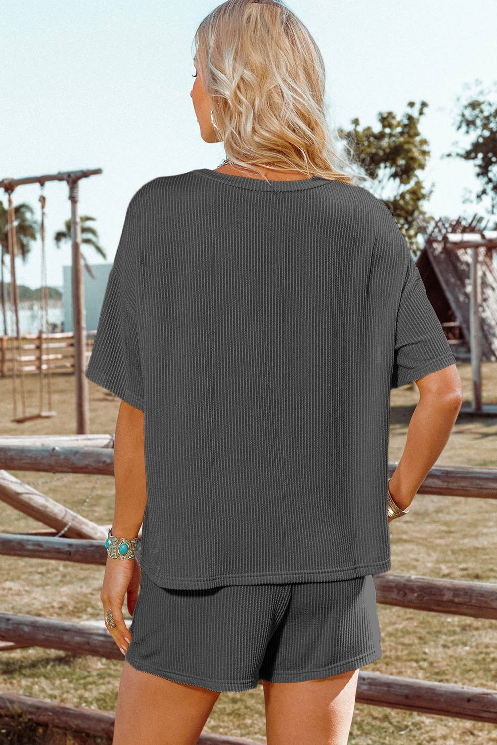 Ribbed Textured Knit Loose Fit Tee and Shorts Set