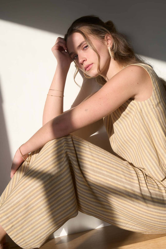 STRIPE SLEEVELESS BLOUSE WIDE LEG PANT SET