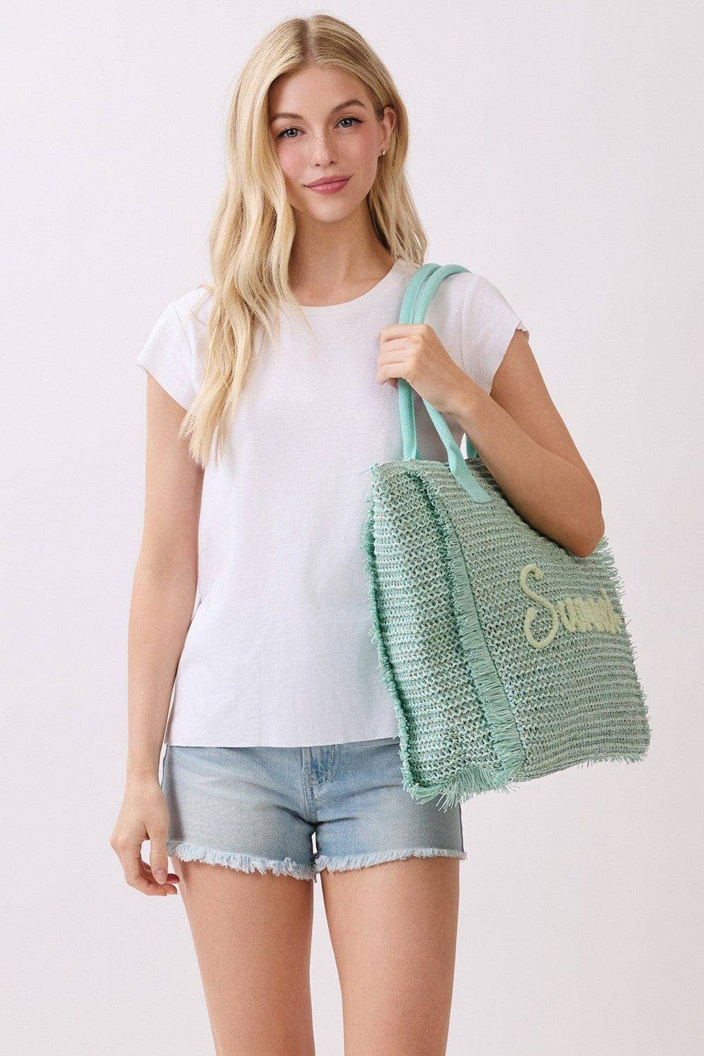 Straw Fringe Summer Beach Tote Bag: Beige