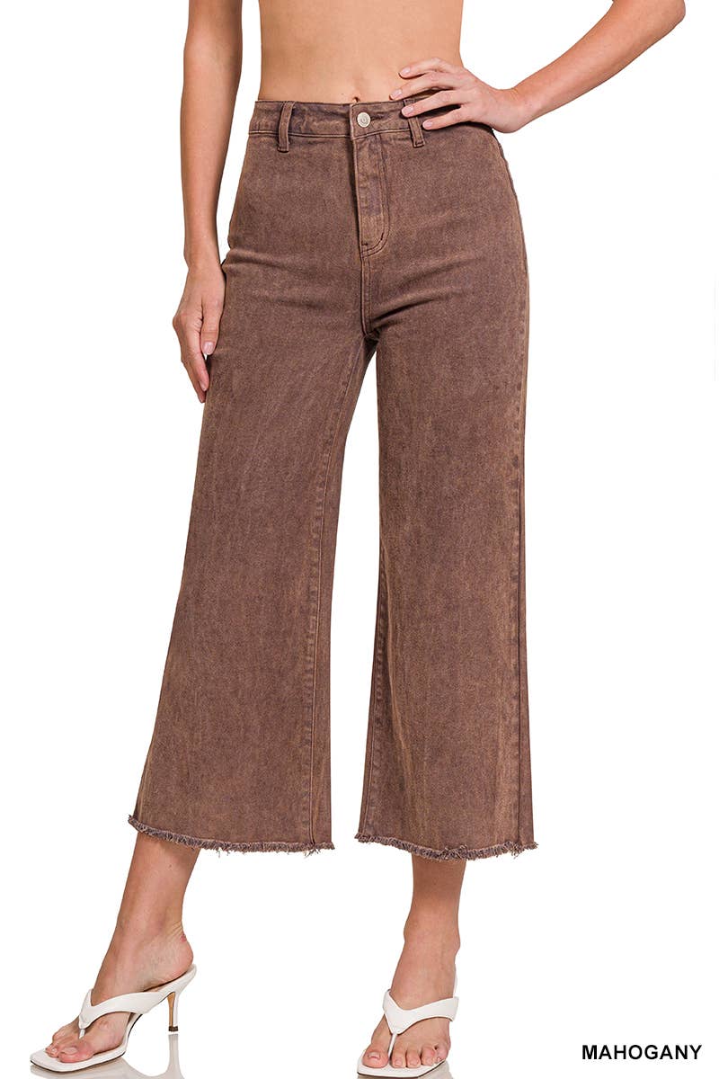 Acid Washed High Waist Frayed Hem Straight Wide Pan