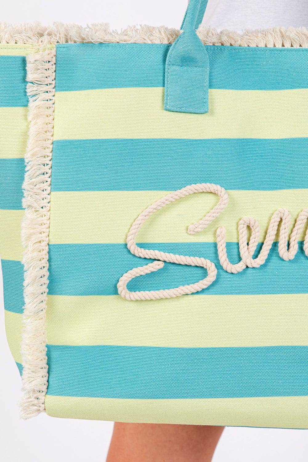 Sewn Tope Summer Letter Fringe Striped Tote Bag: Pink Green