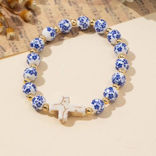 CERAMIC PORCELAIN CROSS CHARM BRACELET