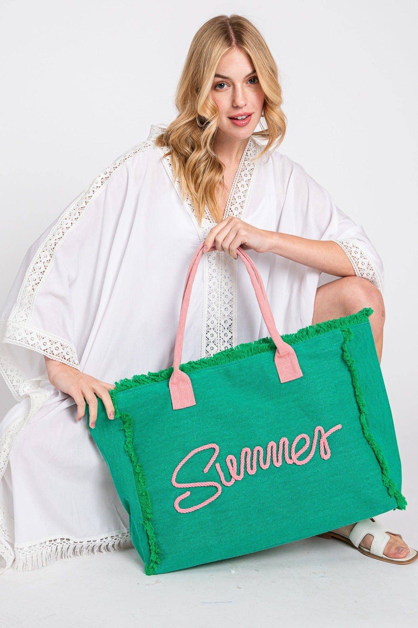 Sewn Rope Summer Letter Fringe Tote Bag: Orange