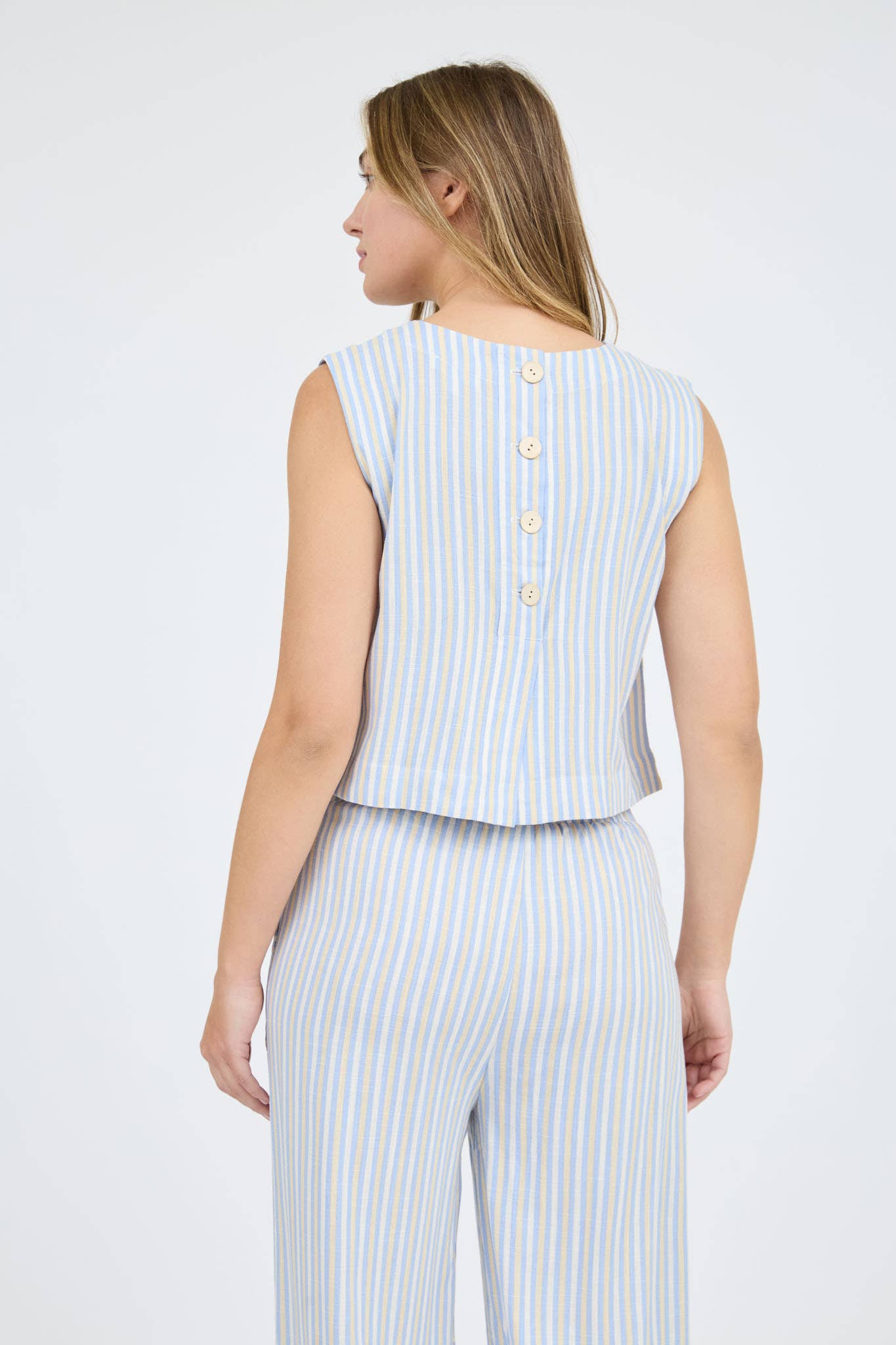 STRIPE SLEEVELESS BLOUSE WIDE LEG PANT SET