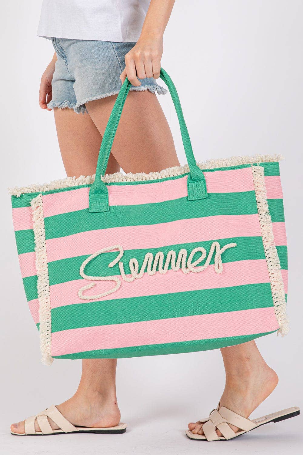 Sewn Tope Summer Letter Fringe Striped Tote Bag: Pink Green