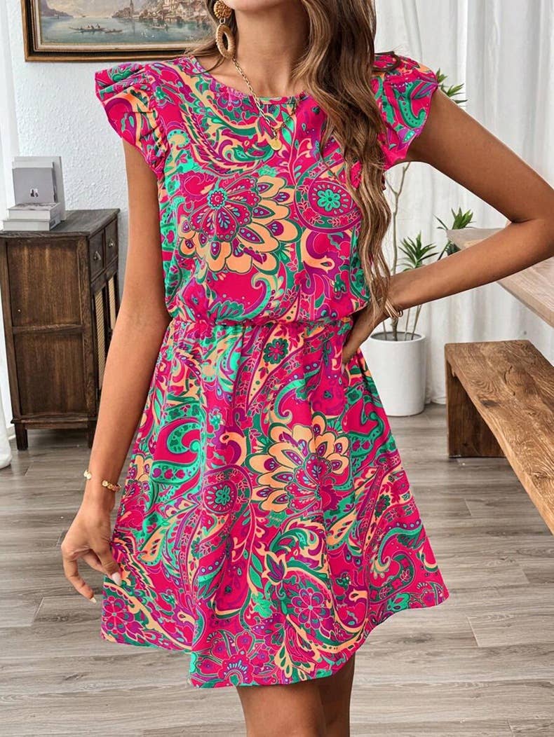 Boho Casual Ruffled Sleeve Floral Print Dress