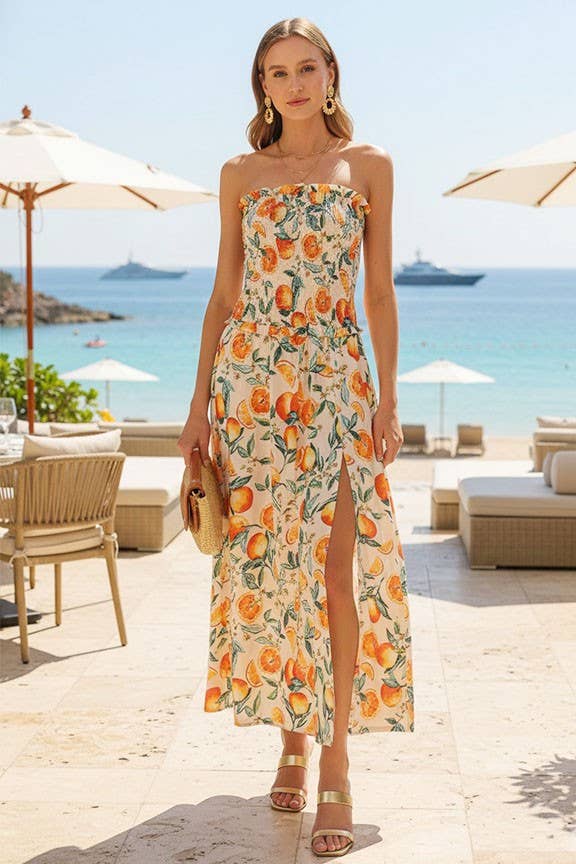 Strapless Citrus Print Maxi Dress