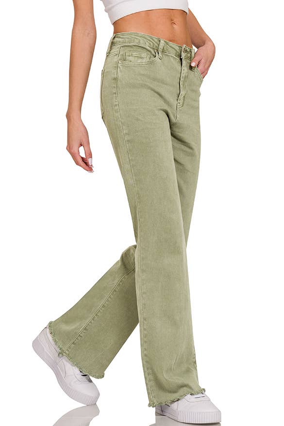 Acid Wash Frayed Hem Color Denim Jeans