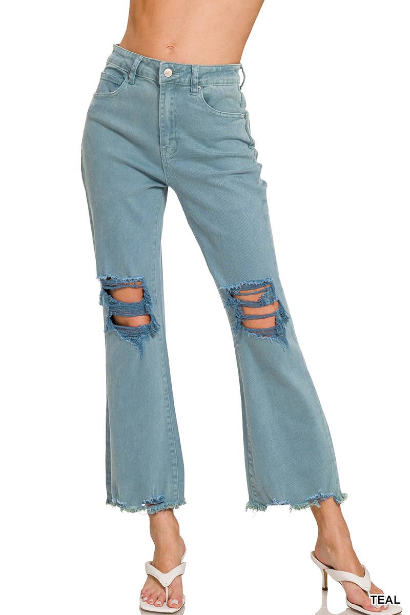 ACID WASHED HIGH WAIST DISTRESSED PANTS