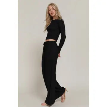 Long Sleeve Crew Neck Top & Waist Tie Long Pants Set