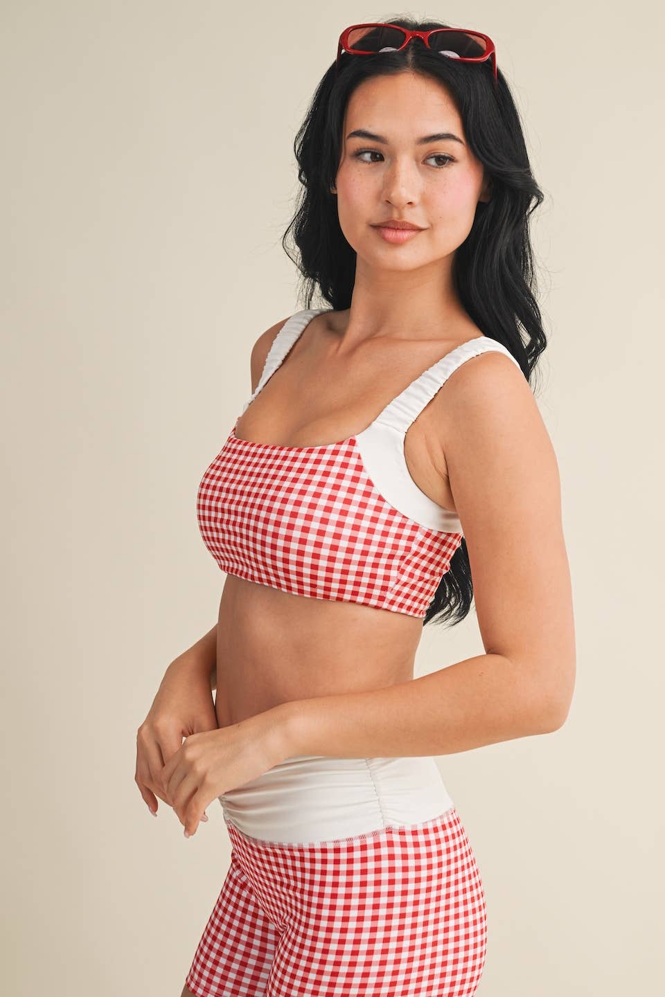 Gingham Print Scrunched Strap Sports Bra & Biker Short Set