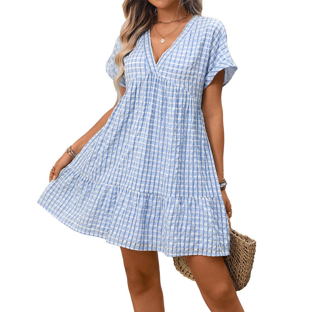 Checkered V Neck Short Sleeve Summer Dress