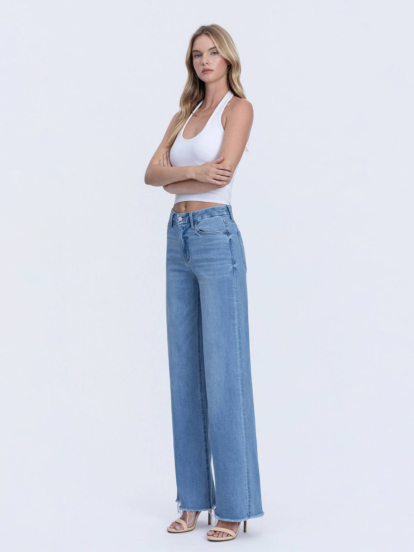 VERVET HIGH RISE MEDIUM WASH FRAYED HEM WIDE LEG JEANS